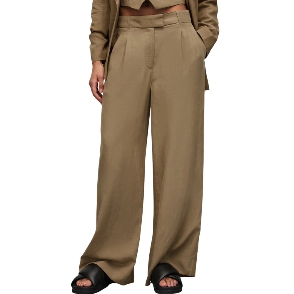AllSaints Deri Lyn Wide Leg Pleated Trousers Khaki Tan Lyocell Linen‎ US 2